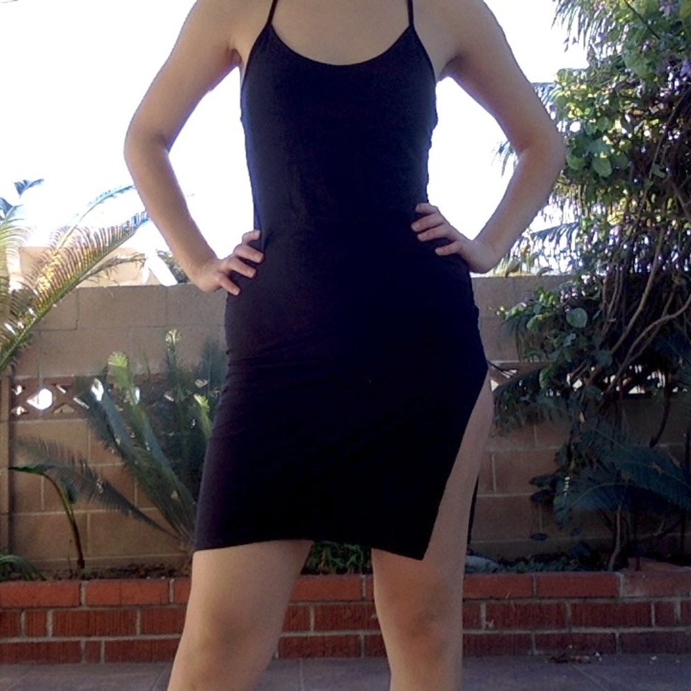 Black swade side cut dress